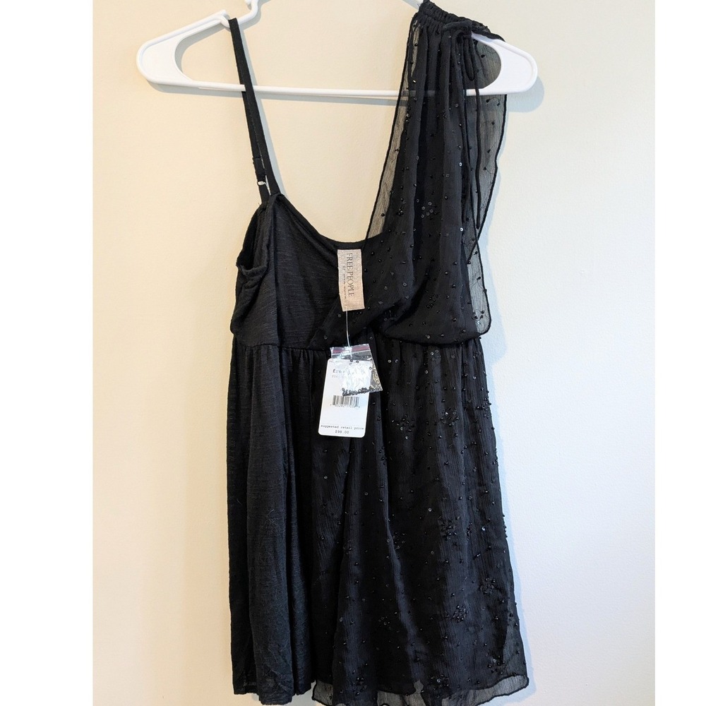 Free People Black Beaded Embellished One Shoulder Sequined Top Y2K Size S NWT